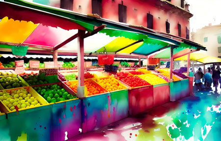 Colorful fruit stall in a street food market, Valencia, Spainの素材