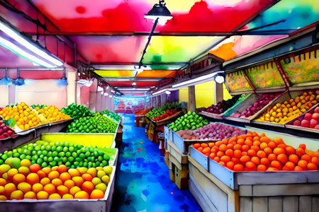 Fruit market in Barcelona, Spain. Fruits and vegetables on display.の素材