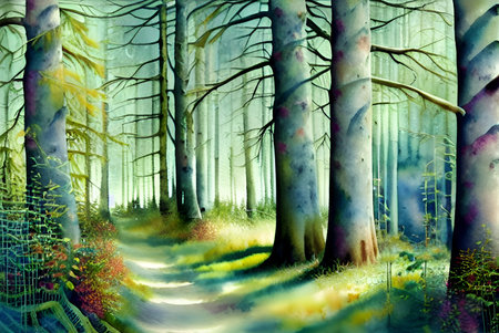 Fantasy forest with fog and trees. Digital watercolor painting.の素材