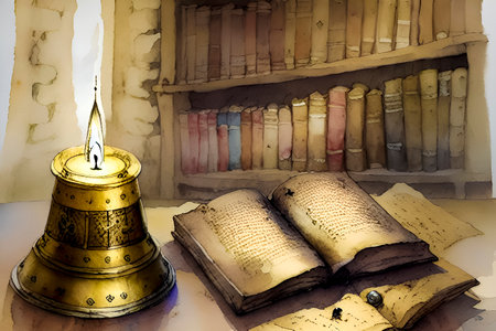 Old book and candle on bookshelf in public library, Thailand.の素材