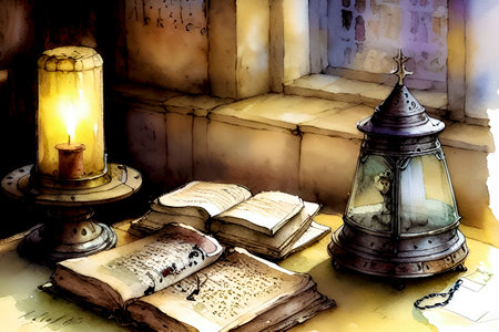 Old books and lanterns on the background of an old church.の素材