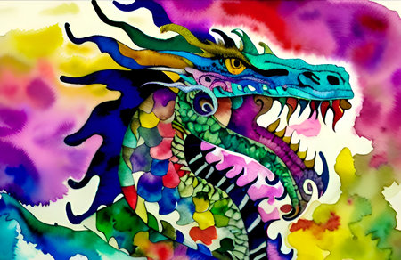 Colorful dragon on a watercolor background. Hand-drawn illustration.の素材