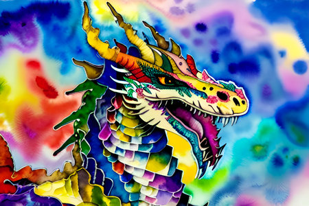 Colorful dragon on watercolor background. Colorful dragon painting.の素材