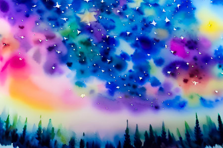 Abstract watercolor background with bokeh lights and stars in the skyの素材