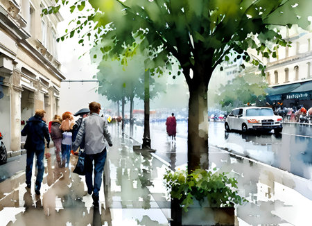Digital painting of people walking on a city street with a tree in the foregroundの素材