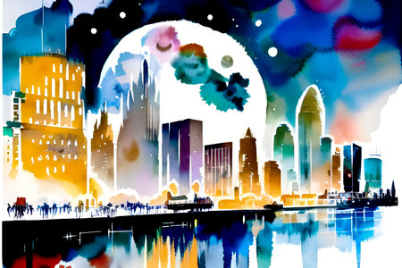 Cityscape with watercolor blots on white background. Vector illustration.の素材