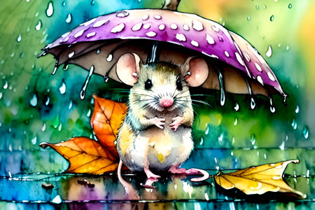 mouse under an umbrella in the rain on a rainy day, watercolor illustrationの素材