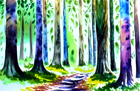 Watercolor illustration of trees in the forest. Hand-drawn illustration.の素材