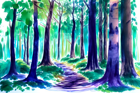 Beautiful landscape with a path in the forest. Watercolor illustration.の素材
