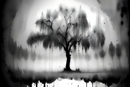 Silhouette of tree in fog. Black and white image.の素材