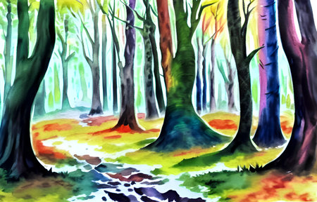 Forest landscape. Watercolor illustration of a forest with trees and grass.の素材