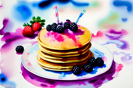 Pancakes with berries on a white plate with blue and pink paintの素材