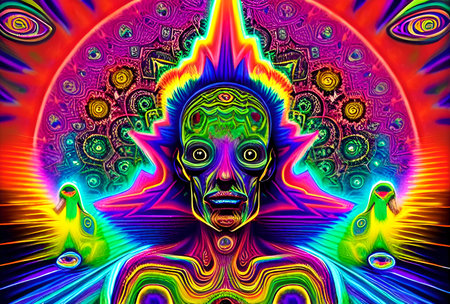 3D surreal illustration. Sacred geometry. Mysterious psychedelic relaxation pattern. Fractal abstract texture. Digital artwork graphic astrology magicの素材