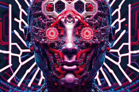 Cyborg head with glowing neon lights. 3D illustration. 3D rendering.の素材