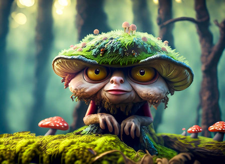 Fantasy mushroom elf in the forest. 3D illustration. Fairy tale.の素材