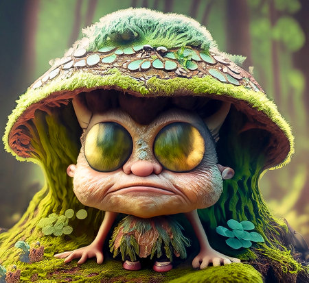 Fantasy creature with green eyes and mushroom hat. 3D illustration.の素材