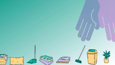 Illustration of a hand holding a trash can with cleaning tools in the background