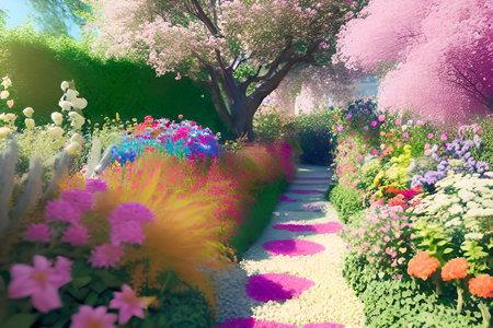 Beautiful spring garden with colorful flowers. 3d render illustration.の素材