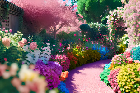 3D render of a beautiful fantasy garden with flowers and plants.の素材