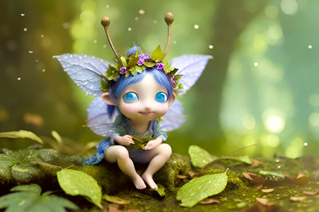 Little fairy sitting on a mossy stone in the forest, 3d illustrationの素材