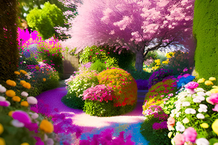 Flower garden with colorful blossoming trees and bushes in spring timeの素材