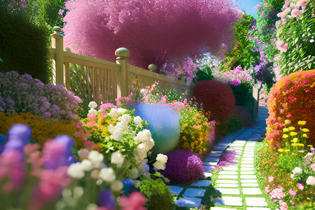 3d render of a garden with colorful flowers in springtime.の素材