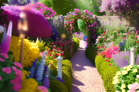 3d render of beautiful flower garden with blooming colorful flowers.の素材