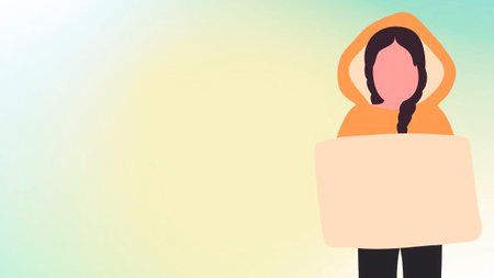 A woman holding a placard in front of her body. Vector illustration.