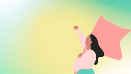 Young woman holding pillow in her hand. Vector illustration with copy space.の写真素材