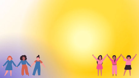 Happy women with hands up on yellow background. Vector illustration with copy space.の写真素材