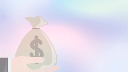 Illustration of a hand holding a money bag on a blurred backgroundの写真素材