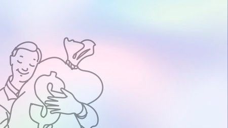 Illustration of a man carrying a bunch of tulips in his handsの写真素材