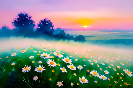 Beautiful spring meadow with chamomile flowers at sunsetの素材