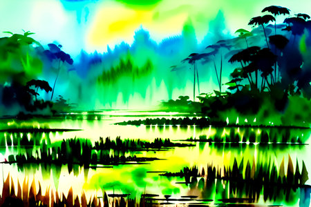 Abstract nature background with palm trees and lake. EPS 10 vector file includedの素材