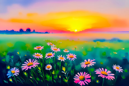 Beautiful spring meadow with flowers at sunset. Digital painting.の素材