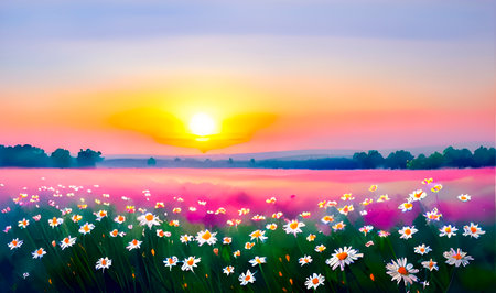 Sunset over the meadow with daisies and fog.の素材