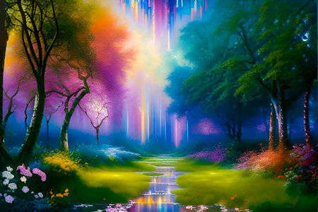 Fantasy night landscape with trees, river and rainbow. 3D renderingの素材