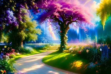 Fantasy landscape with a beautiful tree in the garden. 3d renderingの素材