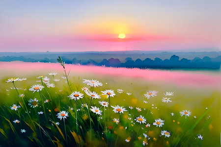 Sunset over the meadow with daisies and fog.の素材
