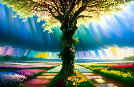 rainbow over tulip field and tree in the morning with ray of lightの素材
