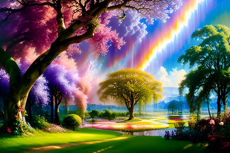Beautiful spring landscape with blooming trees and rainbow in the parkの素材