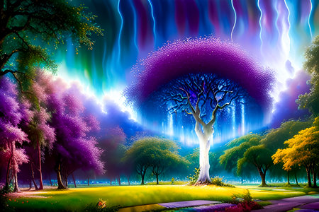 Fantasy landscape with a tree and rays of light in the nightの素材