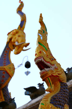 Serpent Image on front temple, Wat Banden Maetang Chiangmai, Thailandの写真素材