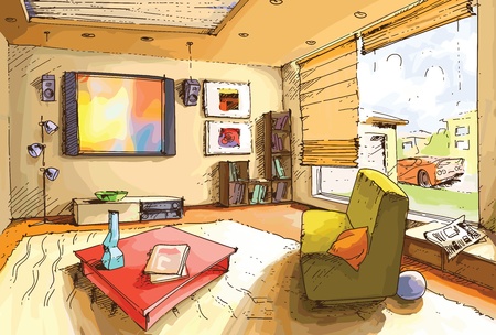 The light and empty interior of a living room in a bright sunny day. 
のイラスト素材