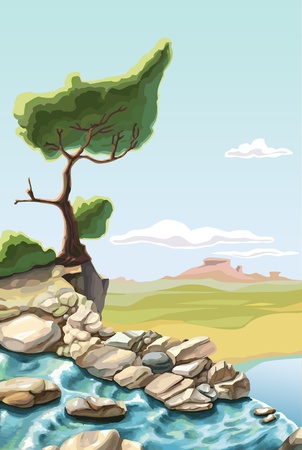 The waterfall and the lonley green tree on the brink of a precipice.
のイラスト素材