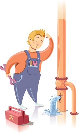 Repairman is embarrassed while looking at the waterpipe. It looks like he is a beginner at the plumbing service. のイラスト素材