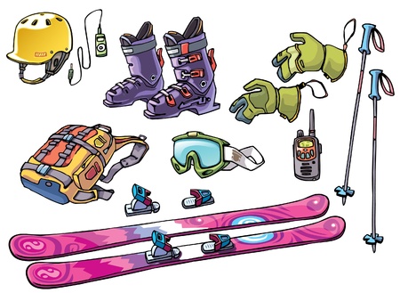 The set of the equipment of a backcountry freerider: the freeride ski, the bindings, the ski boots, the hard hat with the good ride music, the goggles, the backpack with two ski poles, the gloves and the waterproof high range radio.のイラスト素材