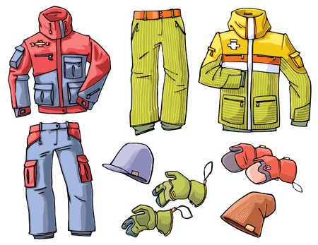 Set of the clothes for a skiing or a snowboarding - the pants, jackets, caps and gloves.のイラスト素材