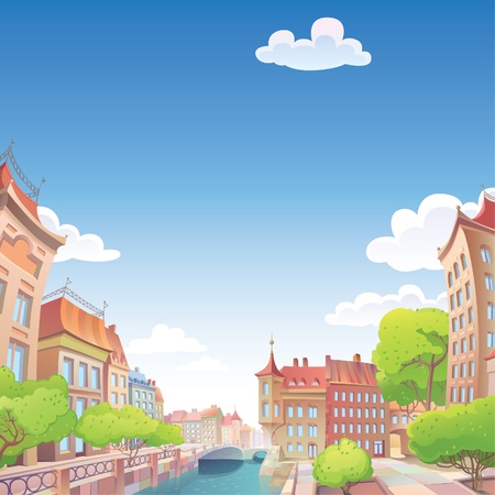 The view on the old European city street and the river quay  のイラスト素材
