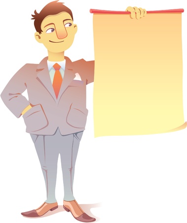 Smiling businessman is looking at the blank placard  There is a good place for a text or a graphs のイラスト素材